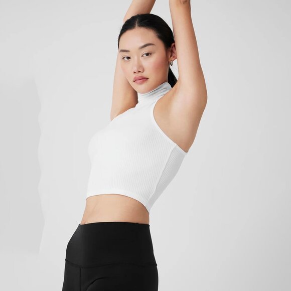 alo White Ribbed Sea Coast Cropped Turtleneck Tank size Small - Picture 4 of 12
